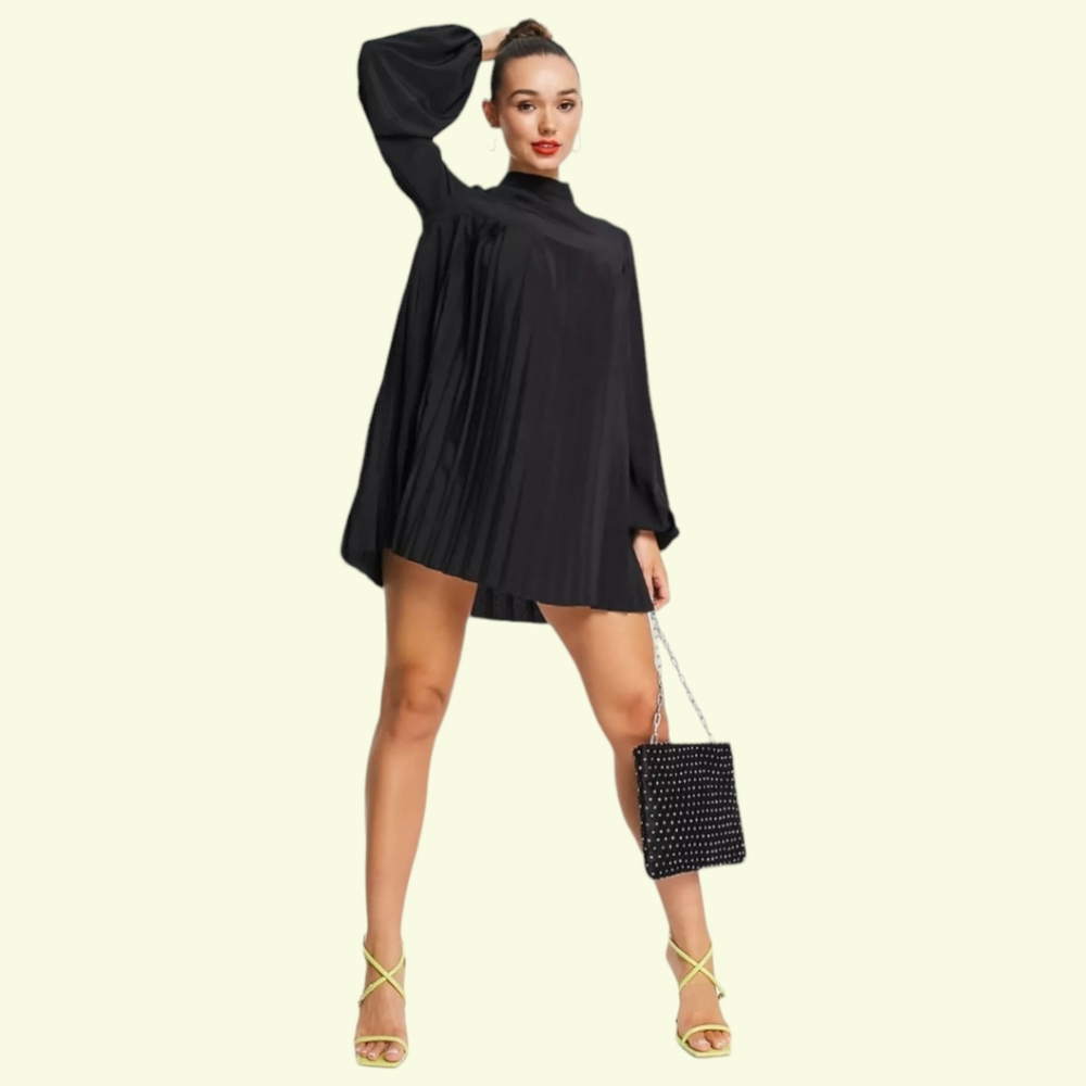 Nwt Asos Design High Neck Pleated Trapeze Mini Dress In Black | 0